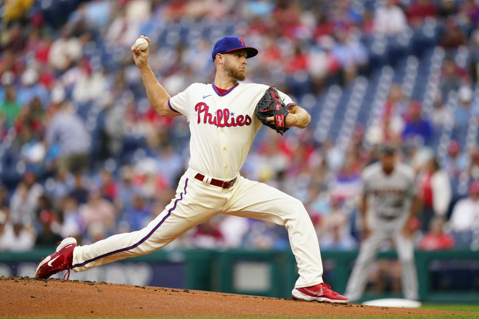 Philadelphia Phillies' Zack Wheeler pitches during the first inning of a baseball game against the Arizona Diamondbacks, Saturday, June 11, 2022, in Philadelphia. (AP Photo/Matt Slocum)