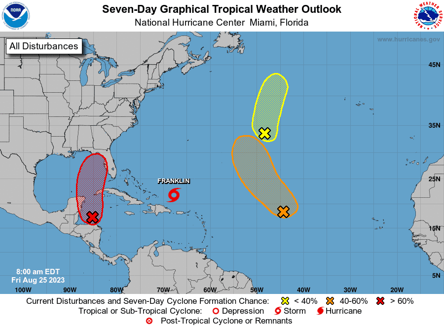 The National Hurricane Center's seven-day tropical weather outlook shows a look at Tropical Storm Franklin and three tropical disturbances it is monitoring in the Atlantic and the northeastern Caribbean.