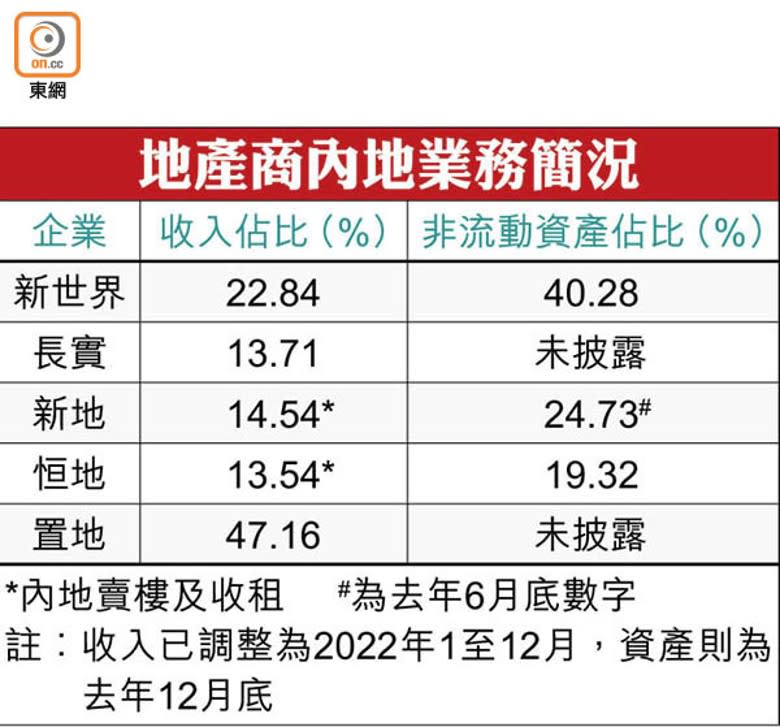 地產商內地業務簡況