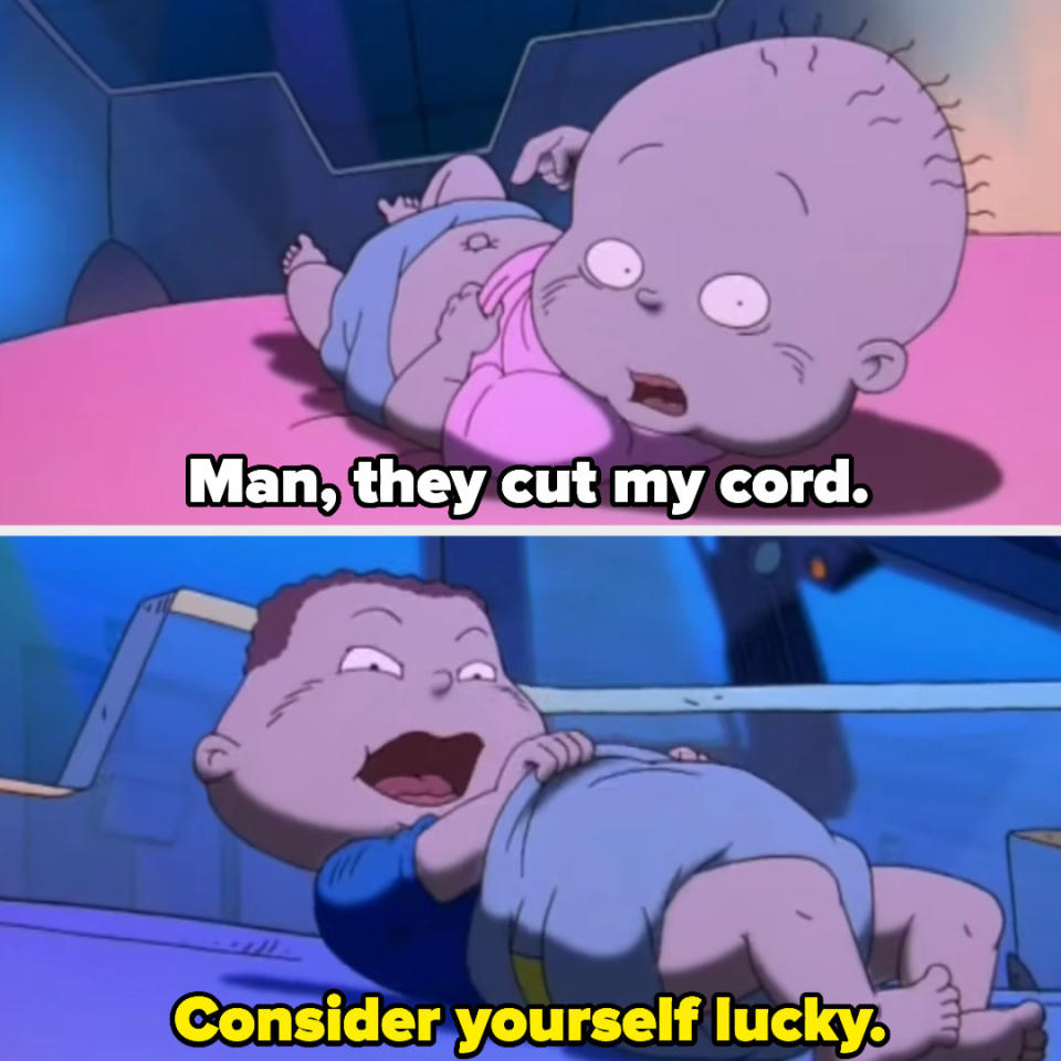 A baby says "man, they cut my cord." Another baby responds "consider yourself lucky" while looking inside his disaper