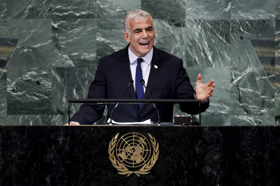 Israel's Prime Minister Yair Lapid addresses the 77th session of the United Nations General Assembly, Thursday, Sept. 22, 2022, at U.N. headquarters. (AP Photo/Julia Nikhinson)