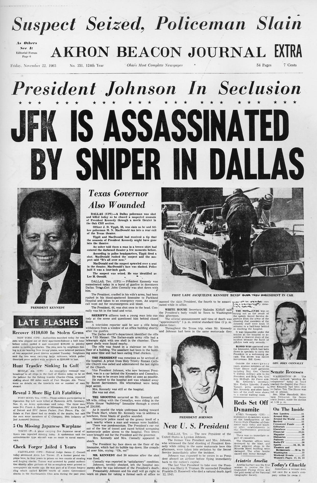 The Akron Beacon Journal reports the assassination of President John F. Kennedy on Nov. 22, 1963.