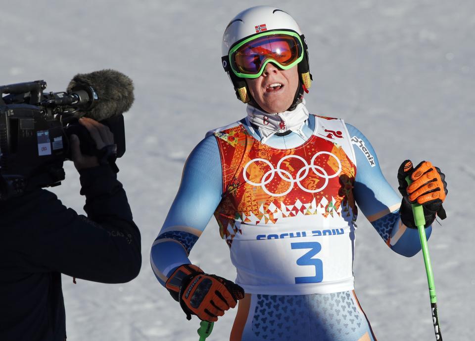 Norway's Aleksander Aamodt Kilde pauses in the finish area after completing men's downhill combined training at the Sochi 2014 Winter Olympics, Thursday, Feb. 13, 2014, in Krasnaya Polyana, Russia. (AP Photo/Christophe Ena)