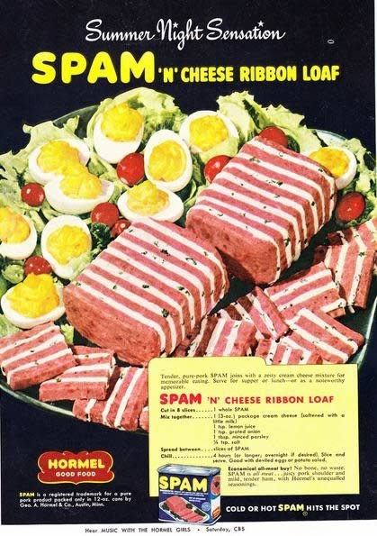 a recipe card for spam 'n' cheese ribbon loaf along with an image of layers of cream cheese in between slices of spam