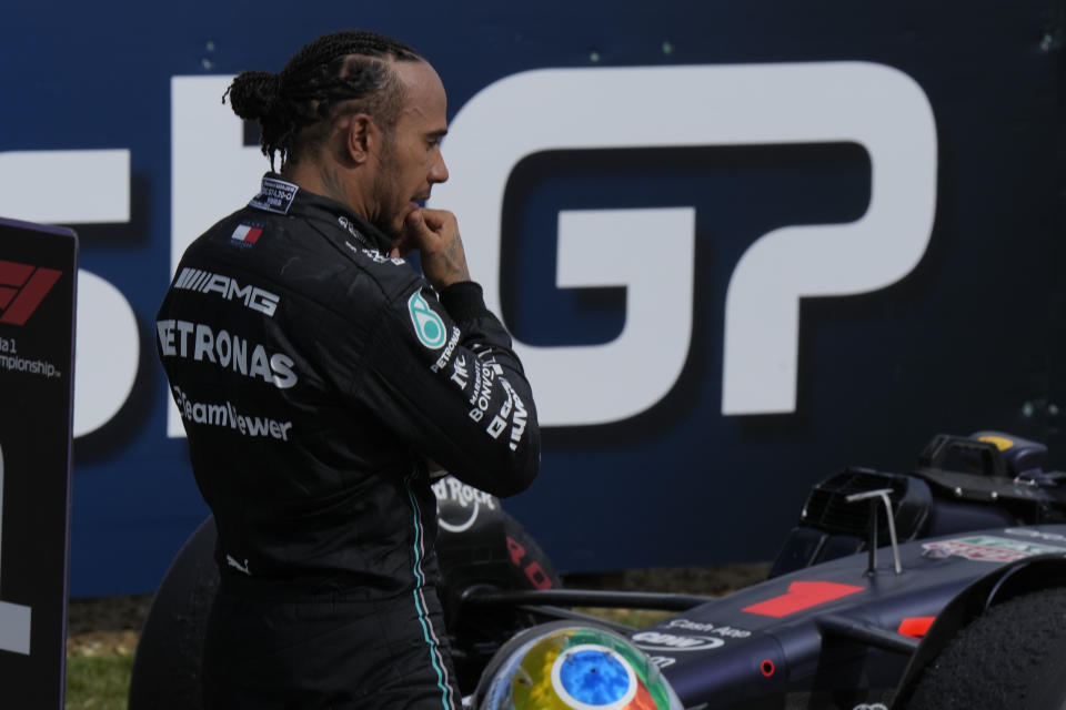 Mercedes driver Lewis Hamilton of Britain reacts after the British Formula One Grand Prix race at the Silverstone racetrack, Silverstone, England, Sunday, July 9, 2023. (AP Photo/Luca Bruno)