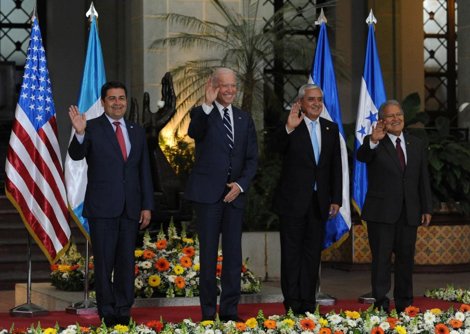 (L toR) Honduran President Juan Orlando Hernandez, US Vice-President Joe Biden, Guatemalan President Otto Perez Molina and  Salvadoran President Salvador Sanchez Ceren pose for a family photo at the Culture Palace in Guatemala City on March 2, 2015. Leaders from Guatemala, El Salvador and Honduras are meeting with US Vice President Joe Biden for two days of talks on the crisis of child immigrants entering the United States. (Photo: Johan Ordonez/AFP/Getty Images)