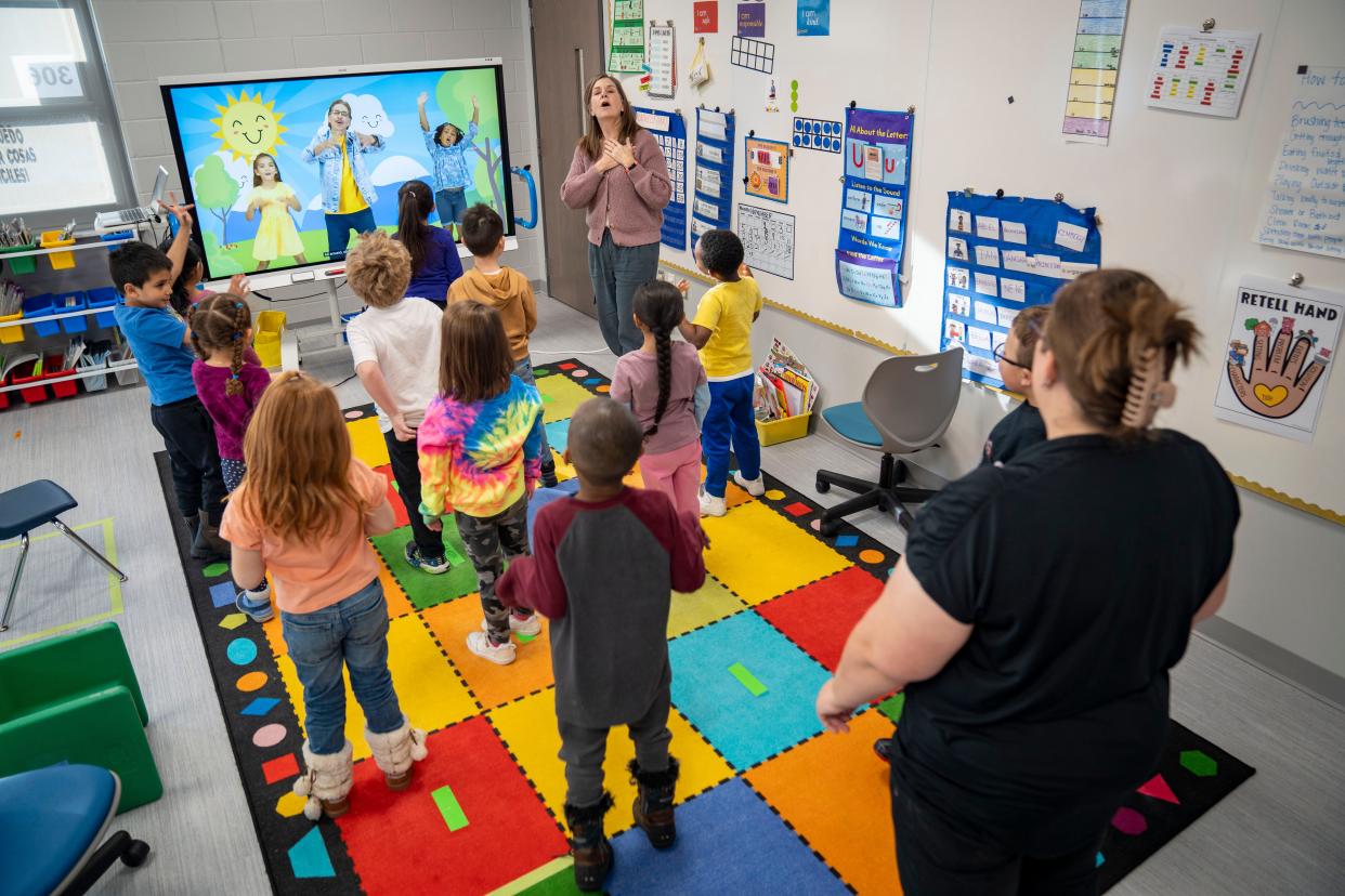 Teresa Miller teaches a transitional kindergarten class at Early Elementary School in Storm Lake, Tuesday, Nov. 28, 2023.