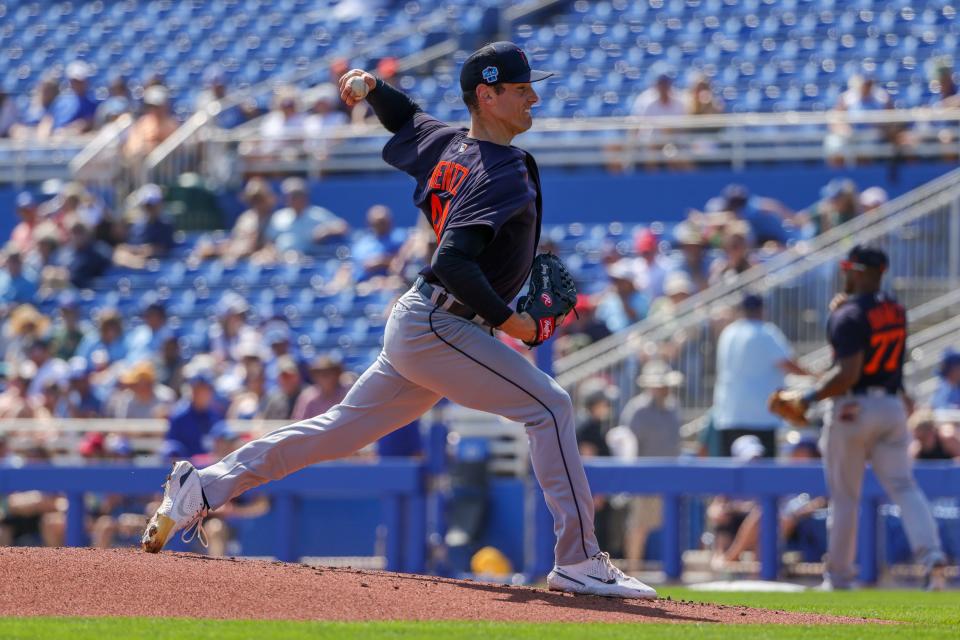 Detroit Tigers starting pitcher Joey Wentz (43) throws a pitch during the first inning against the Toronto Blue Jays at TD Ballpark in Dunedin, Florida, on Tuesday, Feb. 28, 2023.