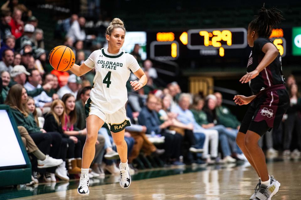 Colorado State University’s McKenna Hofschild drives the ball up court during a game against Mississippi State at Moby Arena in Fort Collins, Colo., on Wednesday, Dec. 20, 2023. Logan Newell/The Coloradoan / USA TODAY NETWORK