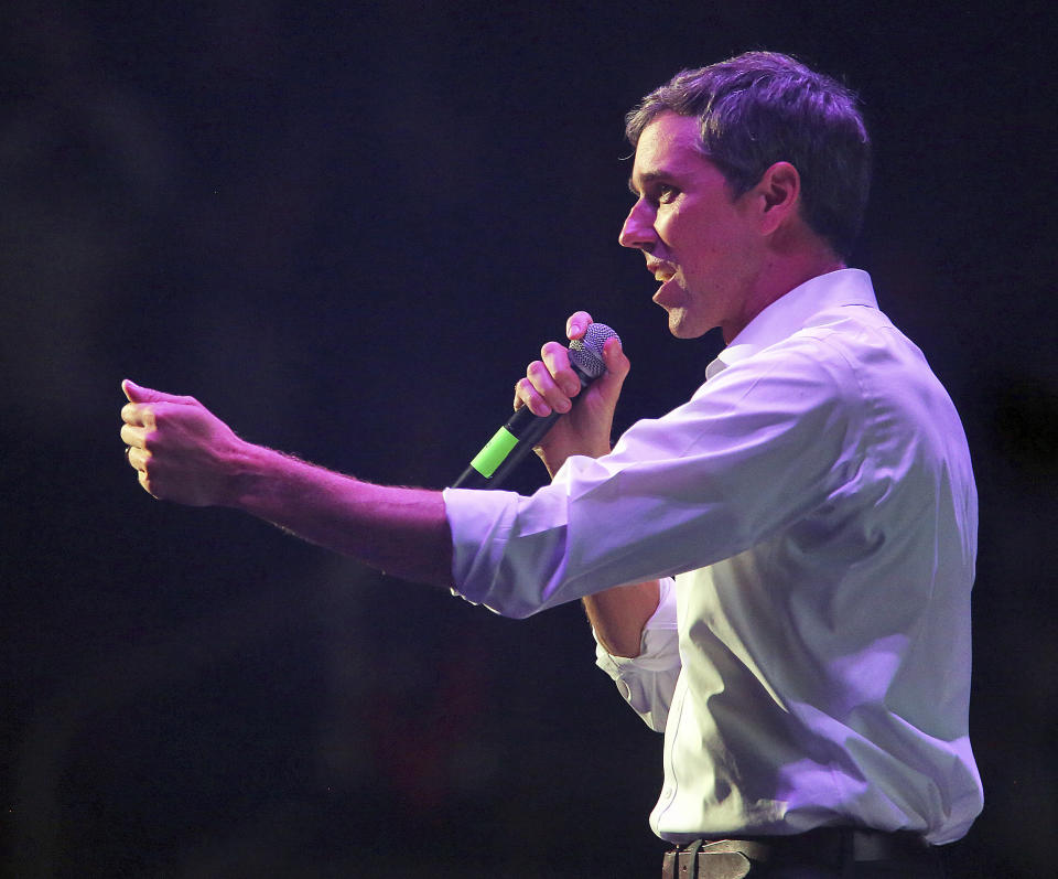 U.S. Senate candidate Rep. Beto O'Rourke campaigns at Bert Ogden Arena on Thursday, Oct. 18, 2018, in Edinburg, Texas. (Joel Martinez/The Monitor via AP)