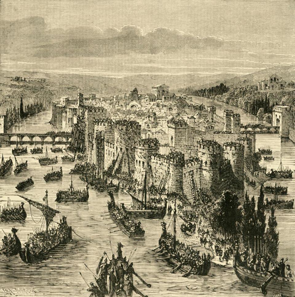 Grabado antiguo que muestra las barcas vikingas asediando París.