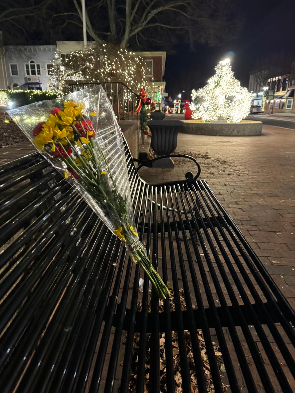 A bouquet rests on a bench after a celebration of life in honor of Meghan Riley Lewis, a transgender woman who was fatally shot Dec. 27 near her Bel Air, Maryland, home.