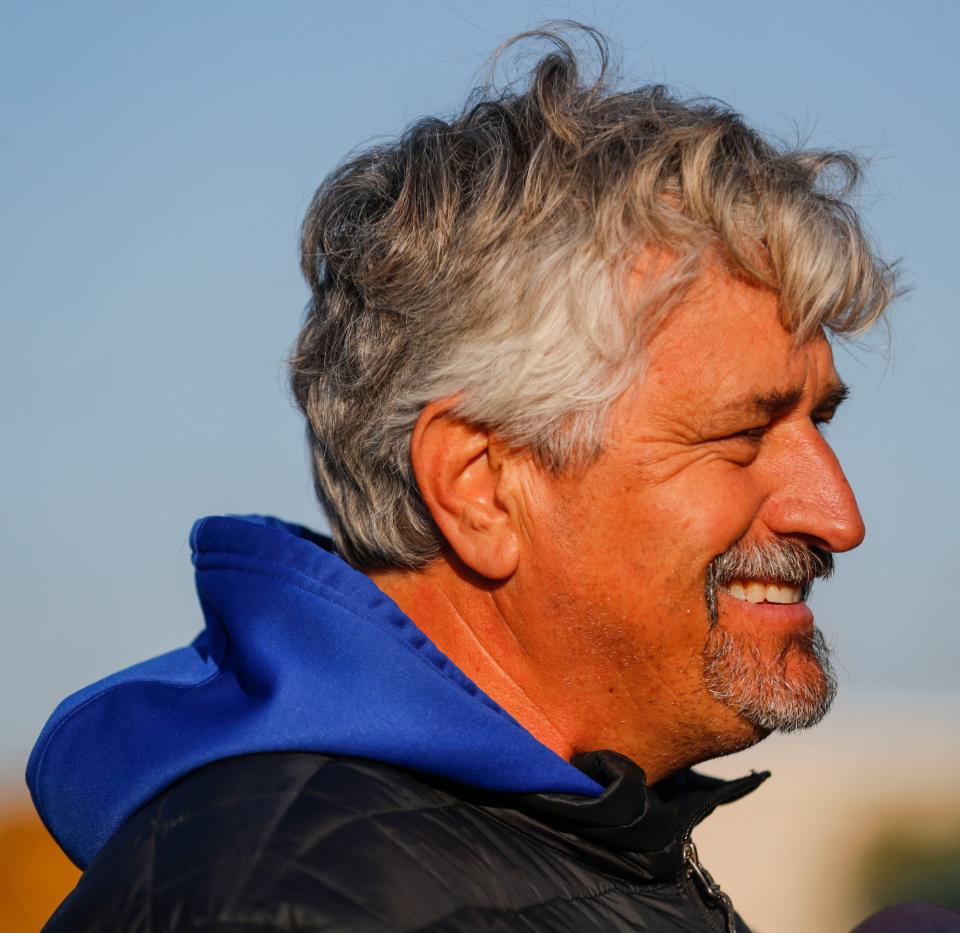 Trainer Steve Asmussen outside his barn at Churchill Downs on Monday morning, April 24, 2023 in Louisville, Ky. Asmussen, who has the colt Disarm in the 149th Kentucky Derby, is North America's all-time leading trainer by wins, surpassing the late Dale Baird.