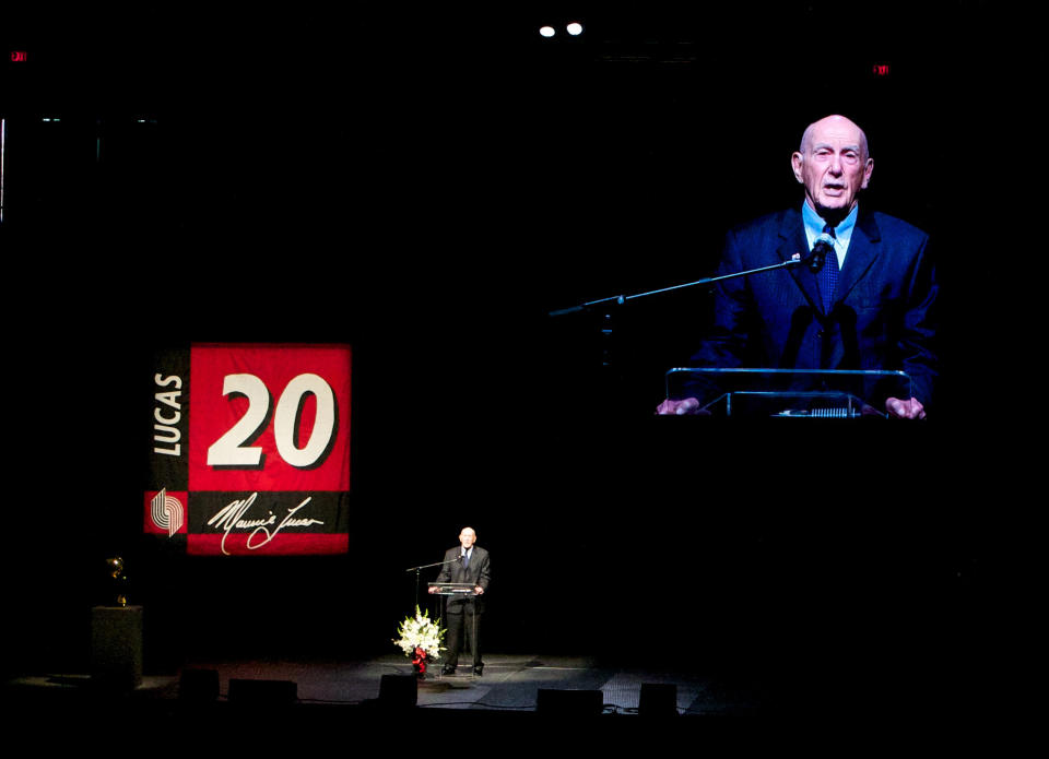 FILE - In this Monday Nov. 8, 2010, file photo, former Portland Trail Blazer coach Jack Ramsay speaks at a memorial service for former Portland Trail Blazer Maurice Lucas at Memorial Coliseum, in Portland, Ore. Ramsay, a Hall of Fame coach who led the Portland Trail Blazers to the 1977 NBA championship before he became one of the league's most respected broadcasters, has died following a long battle with cancer. He was 89. (AP Photo/The Oregonian, Bruce Ely, File)