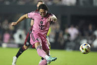 Inter Miami forward Leonardo Campana kicks the ball to score a goal during the second half of an MLS soccer match against D.C. United, Saturday, May 18, 2024, in Fort Lauderdale, Fla. (AP Photo/Lynne Sladky)