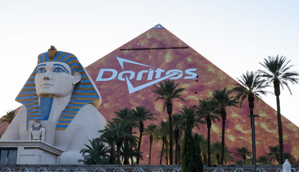 An ad for Doritos covers on the side of Luxor Hotel and Casino on the Las Vegas Strip ahead of Super Bowl LVIII. (Photo by Ethan Miller/Getty Images)