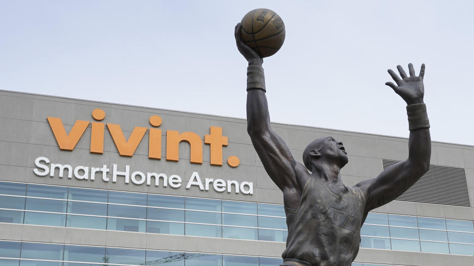 The Vivint Smart Home Arena is shown Monday, Aug. 31, 2020, in Salt Lake City. Voting will look a little different this November. States are considering drive-thrus, outdoor polling places and curbside voting as they examine creative ways to safely offer same-day polling places during a pandemic. (AP Photo/Rick Bowmer)