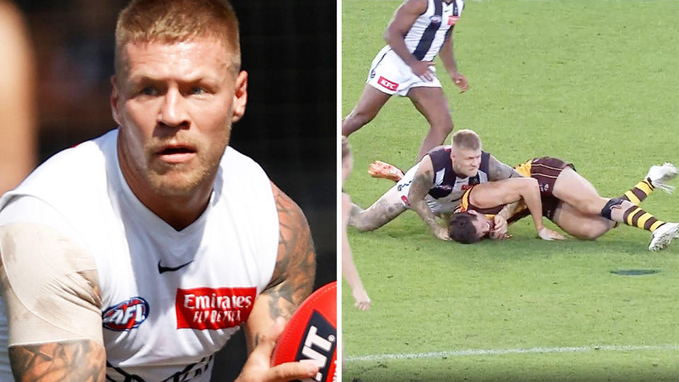Jordan de Goey is pictured left, with his tackle on Lloyd Meek shown right.