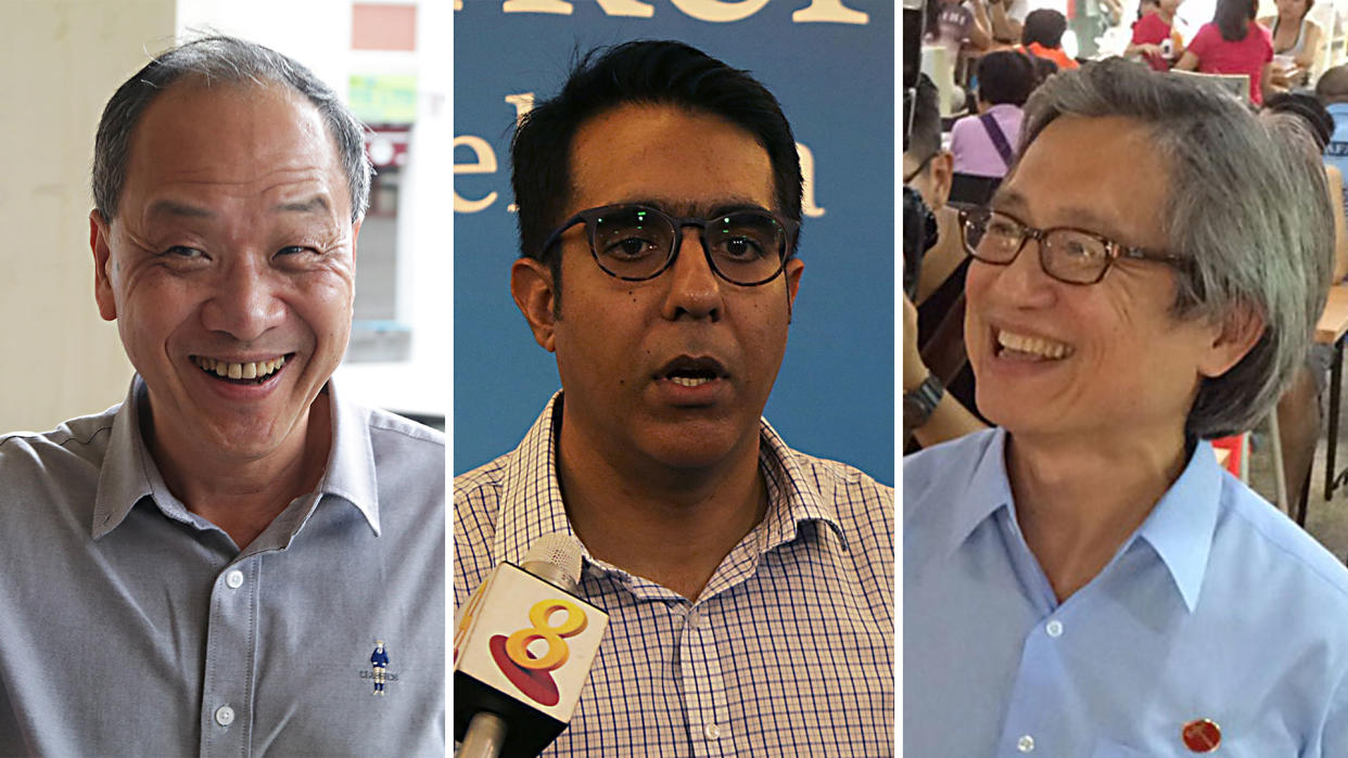 (L-R) Former Workers’ Party chief Low Thia Khiang, Low’s successor Pritam Singh and Aljunied MP Chen Show Mao.