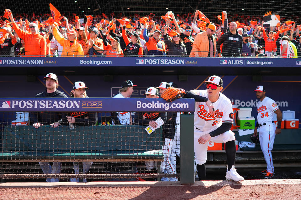 Outfielder Austin Hays looks on before Game 1 of the ALDS. (Rob Tringali/MLB Photos via Getty Images)