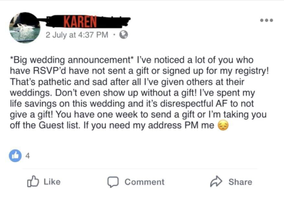 "I've noticed a lot of you who have RSVP'd have not sent a gift"