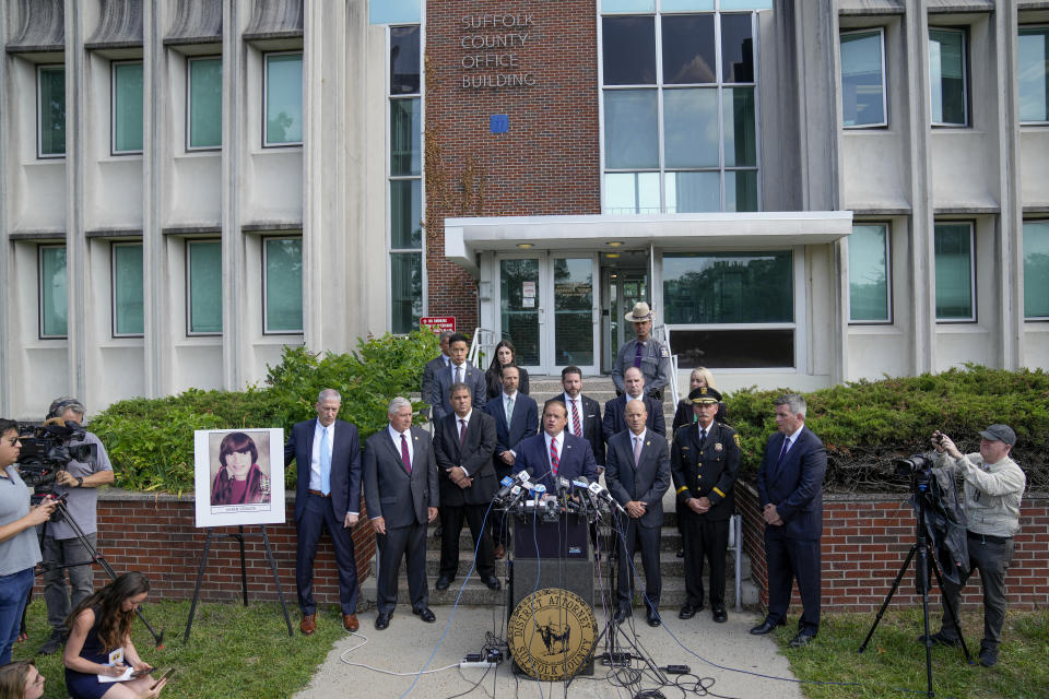 Suffolk County District Attorney Raymond Tierney speaks at a news conference to announce the identity of a victim investigators had called the "Jane Doe No. 7," as Karen Vergata, Friday, Aug. 4, 2023, in Hauppauge, New York. Law enforcement authorities said Friday they have identified a woman whose remains were found as far back as 1996 in different spots along the Long Island coast, some of them near the Gilgo Beach locations of bodies investigators believe were left by a serial killer. (AP Photo/John Minchillo)
