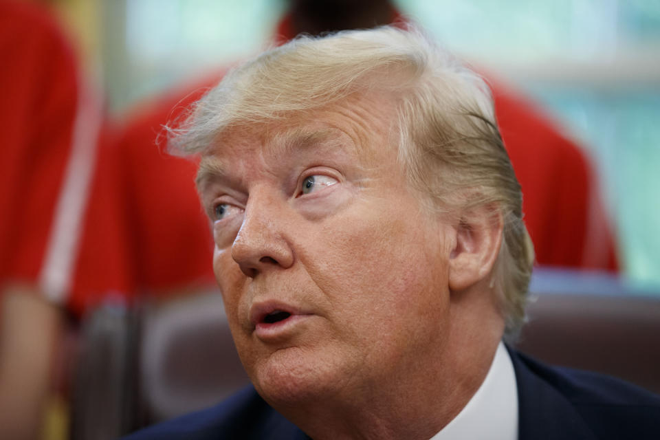 President Donald Trump speaks during a photo opportunity with members of the 2019 U.S. Special Olympics athletes and staff, in the Oval Office of the White House, Thursday, July 18, 2019, in Washington. (AP Photo/Alex Brandon)