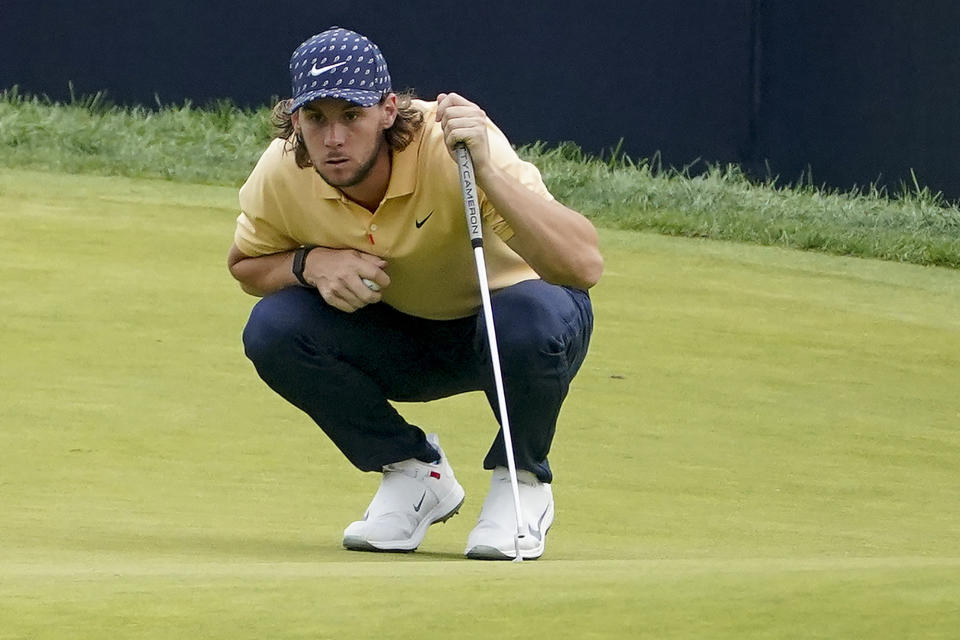 Thomas Pieters, of Belgium, lines up a putt on the ninth green during the first round of the US Open Golf Championship, Thursday, Sept. 17, 2020, in Mamaroneck, N.Y. (AP Photo/John Minchillo)