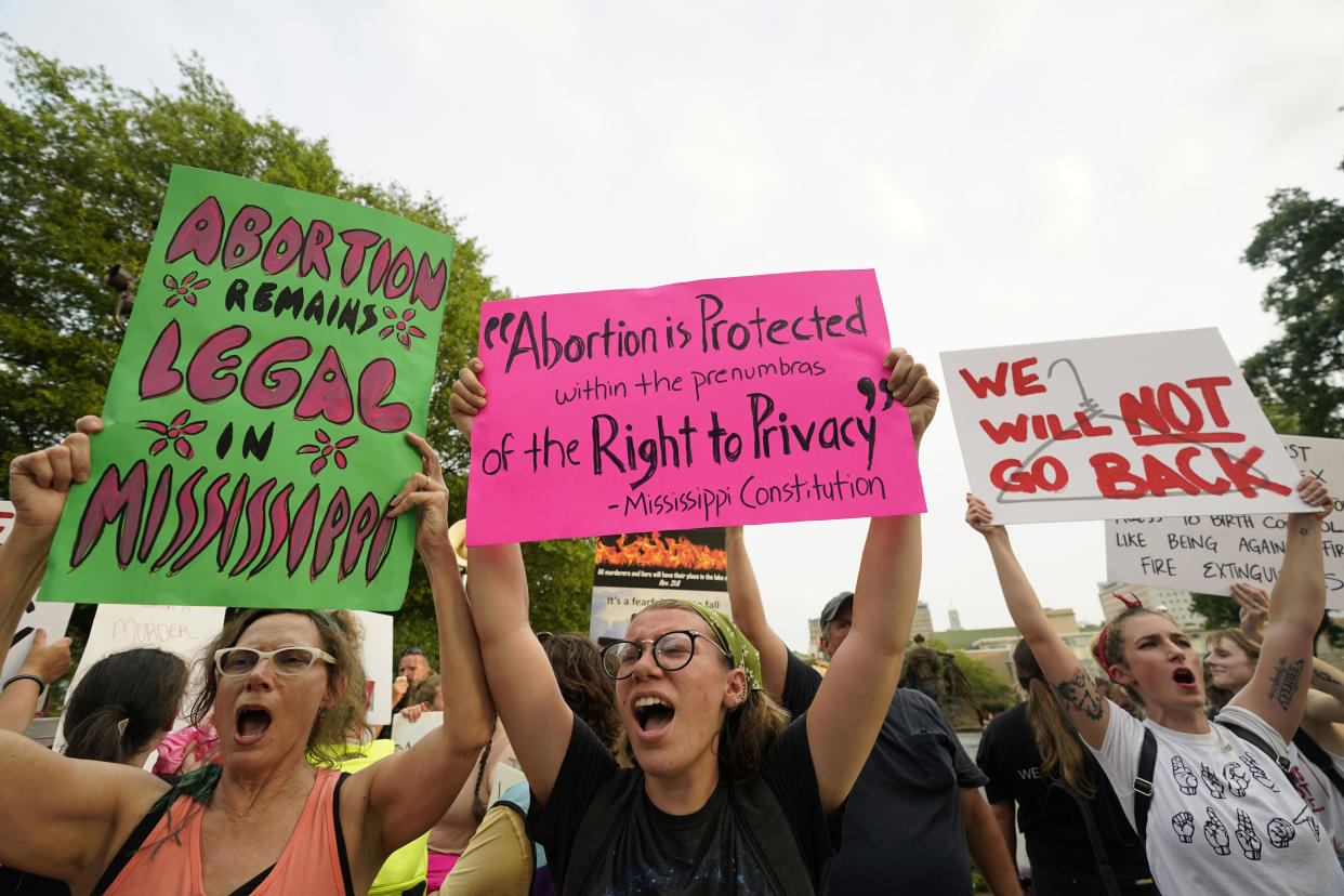 Abortion rights supporters protest at the Mississippi Capitol, in Jackson, Miss., Tuesday, June 28, 2022. (AP Photo/Rogelio V. Solis)