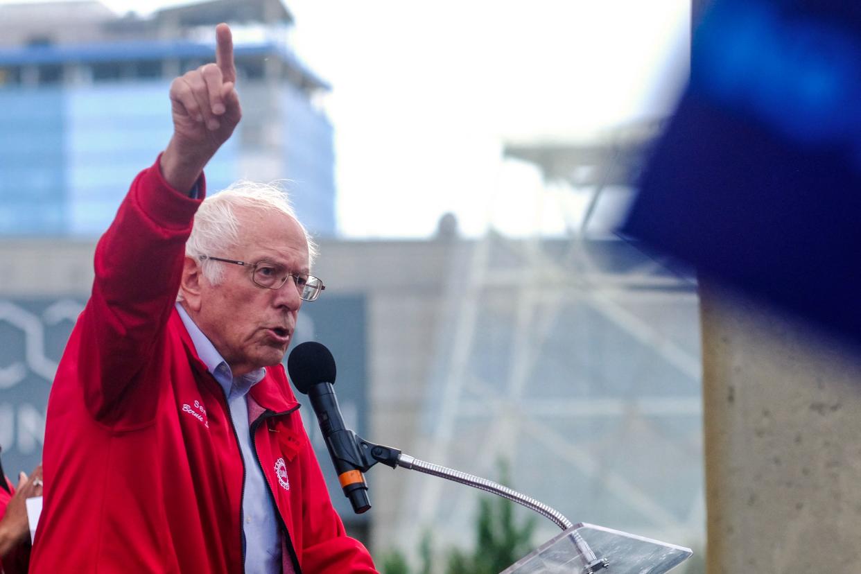 US Senator Bernie Sanders (I-VT) speaks to members of the United Auto Workers (UAW) union during a rally in Detroit, Michigan, on September 15, 2023. (Photo by Matthew Hatcher / AFP) (Photo by MATTHEW HATCHER/AFP via Getty Images)