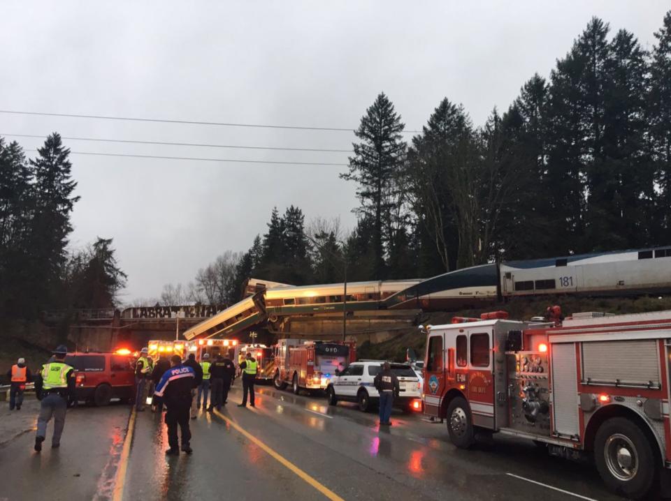 Emergency vehicles at the scene of the derailment.