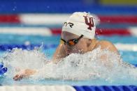 Lilly King participates in the Women's 100 Breaststroke during wave 2 of the U.S. Olympic Swim Trials on Monday, June 14, 2021, in Omaha, Neb. (AP Photo/Jeff Roberson)