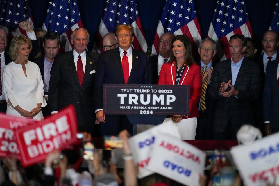 Republican presidential candidate former President Donald Trump arrives to speak at a primary election night party at the South Carolina State Fairgrounds in Columbia, S.C., Saturday, Feb. 24, 2024. (AP Photo/Mike Stewart) ORG XMIT: SCMS308