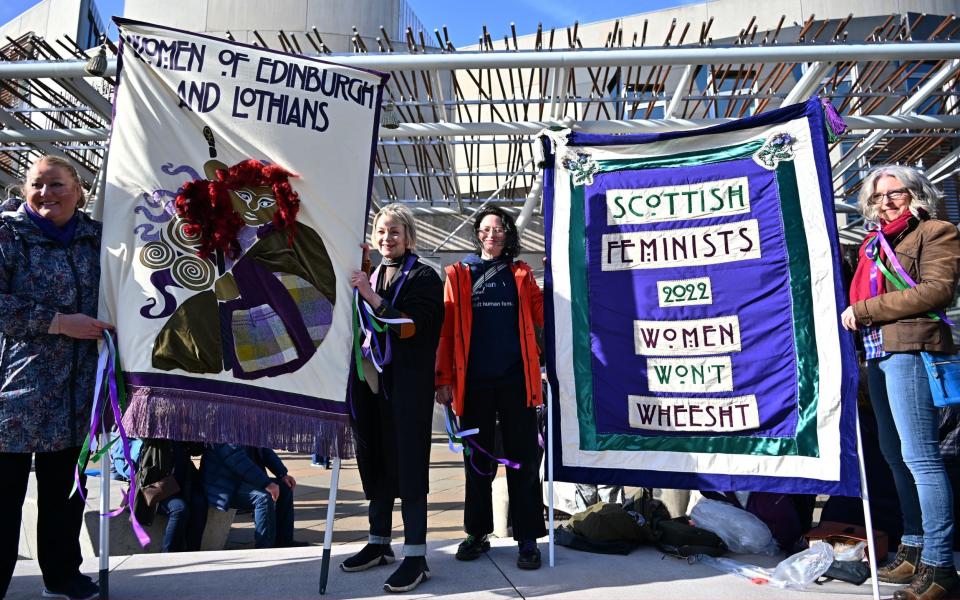 Grassroots women's organisations protest outside the Scottish Parliament against proposed changes to gender recognition laws on October 6 - Getty Images Europe