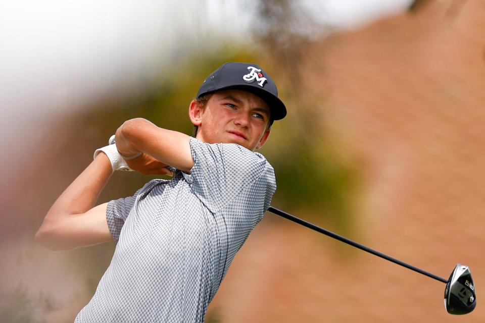 Mile Russell watches his tee shot at the 18th hole of the Lakewood National Commander Course during Sunday's final round of the Korn Ferry Tour LECOM Suncoast Classic.