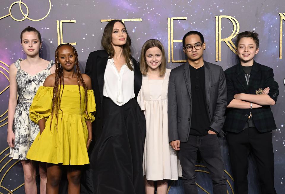 Shiloh Jolie-Pitt, Zahara Jolie-Pitt, Angelina Jolie, Vivienne Jolie-Pitt, Maddox Jolie-Pitt and Knox Jolie-Pitt attend the "The Eternals" UK Premiere at BFI IMAX Waterloo on October 27, 2021 in London, England.