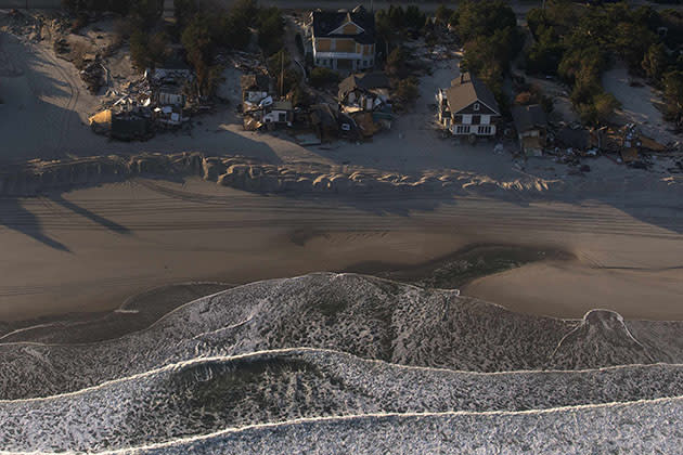 Houses are seen destroyed along the waterfront in this aerial view near Ortley Beach, N.J. (Adrees Latif/Reuters)