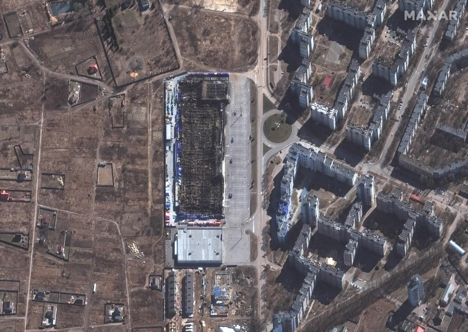 This handout satellite image taken on March 10, 2022, shows a destroyed shopping center in Chernihiv, Ukraine.