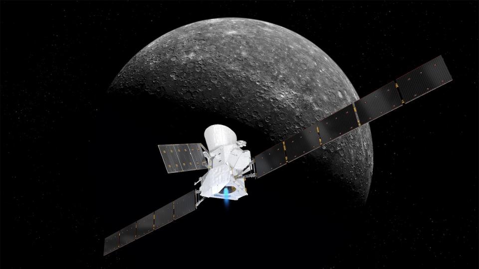 An artist's illustration of the stacked BepiColombo spacecraft built by Europe and Japan and their transfer module as they arrive at Mercury. The mission will arrive at Mercury in December 2025. <cite>Spacecraft: ESA/ATG medialab; Mercury: NASA/JPL</cite>