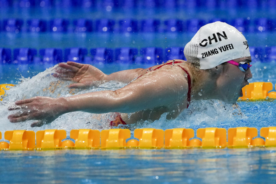 Zhang Yufei, of China, swims in the women's 200-meter butterfly final at the 2020 Summer Olympics, Thursday, July 29, 2021, in Tokyo, Japan. (AP Photo/Charlie Riedel)