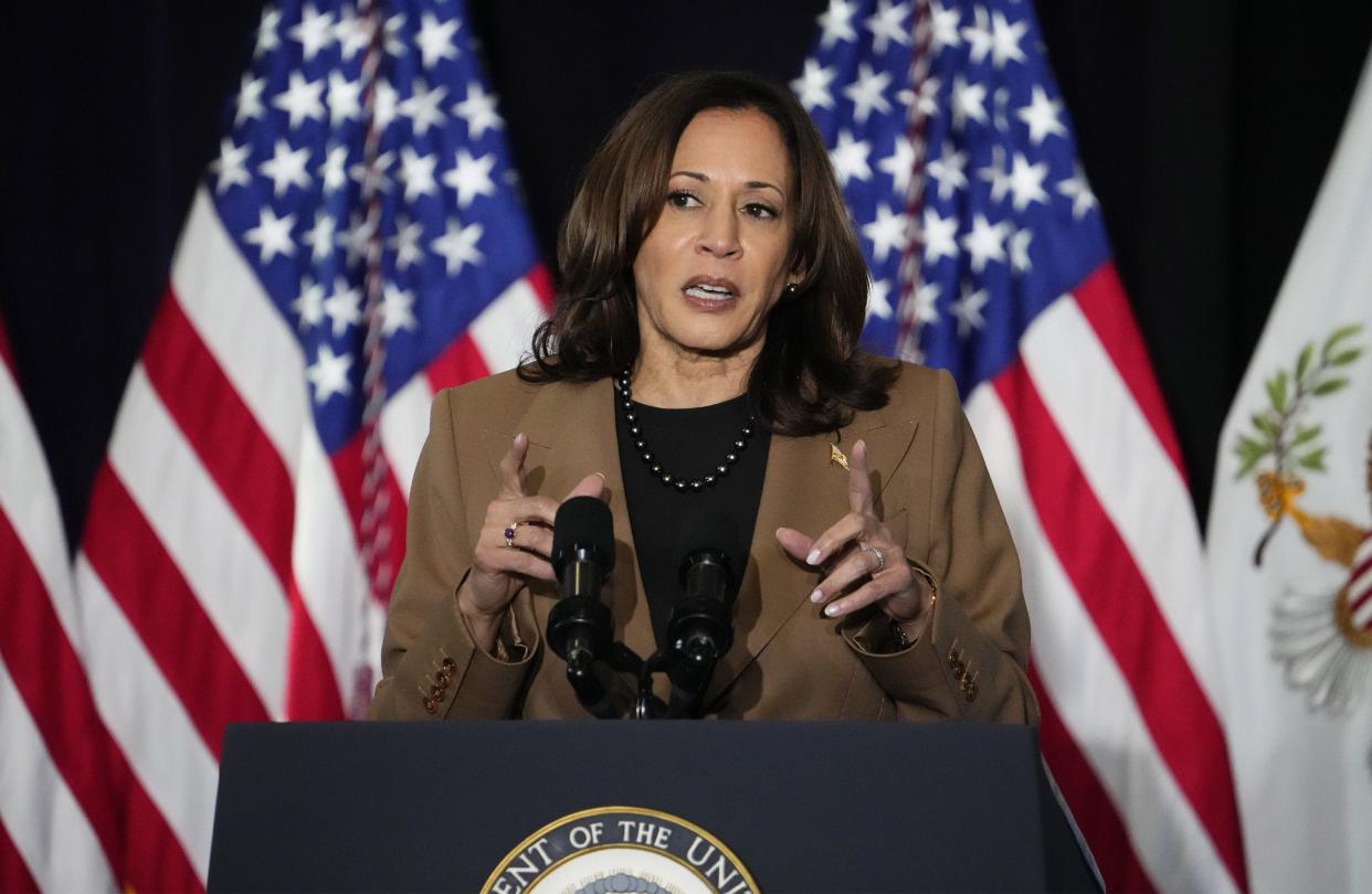 Mar 8, 2024; Phoenix, Ariz, U.S.; Vice President Kamala Harris gives a speech on her nationwide ?Fight for Reproductive Freedoms? tour at the South Mountain Community Center during a visit to Phoenix. Mandatory Credit: Rob Schumacher-Arizona Republic