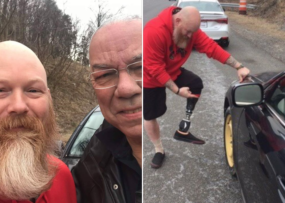 Retired Gen. Colin Powell shared a heartwarming story about a veteran, who lost a leg in Afghanistan, helping him change his flat tire. (Photo: Facebook)