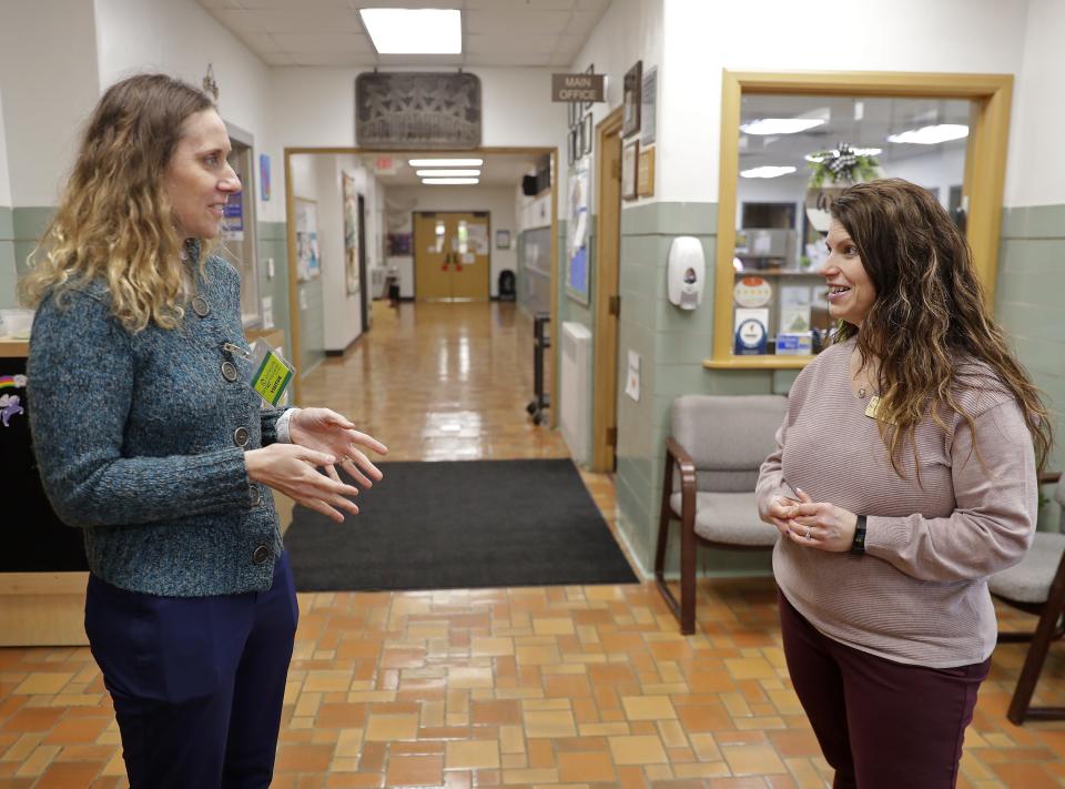 Wisconsin Department of Children and Families Secretary Emilie Amundson talks with director Nicole Desten during a visit at Bridges Child Enrichment Center on Thursday, February 16, 2023 in Appleton, Wis. Bridges is one of thousands of programs to benefit from Child Care Counts. Wm. Glasheen USA TODAY NETWORK-Wisconsin