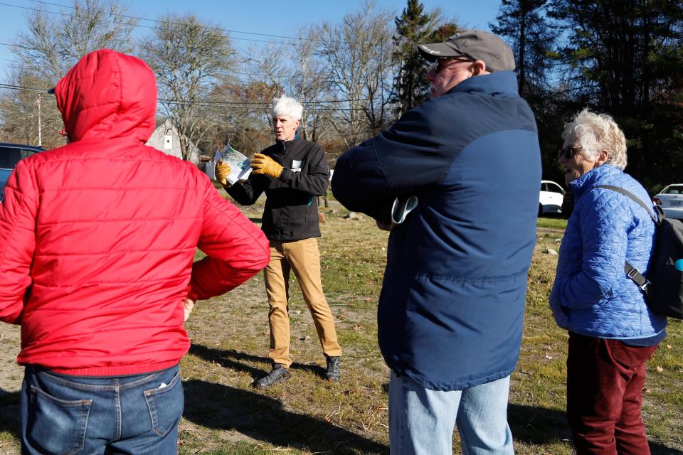 Brendan Annett, Buzzards Bay Coalition Vice President, Watershed Protection, speaks on the importance of the new land acquisitions designed to protect the water supply for Mattapoisett, Acushnet, Marion, and Rochester. This new two hundred and forty acre addition to the Mattapoisett River Valley Land Protection Partnership is off Acushnet Road in Mattapoisett.