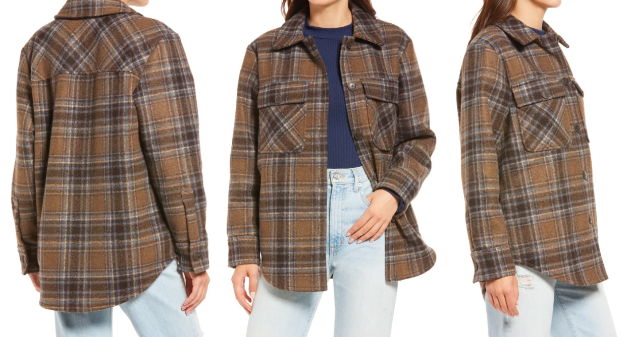 The Treasure & Bond Plaid Shirt Jacket is perfect for late winter style.