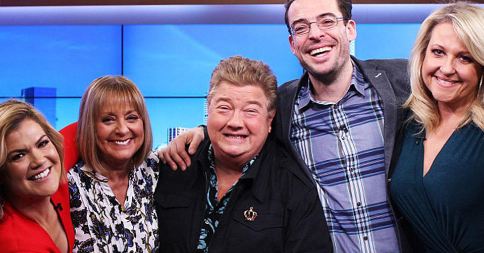 Studio 10 star Jono Coleman (centre) is pictured with his co-stars Sarah Harris, Denise Drysdale, Joe Hildebrand and Angela Bishop