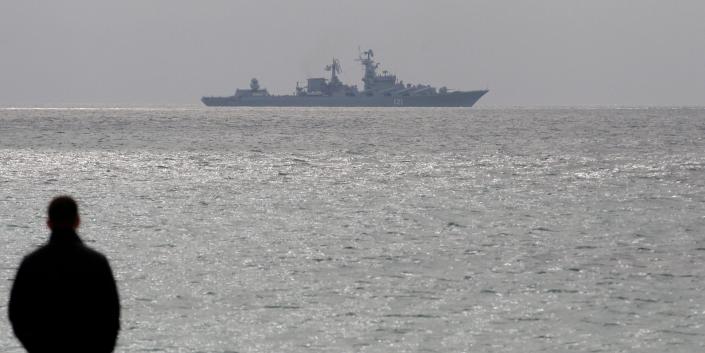 The Russian warship &quot;Moskva&quot; (&quot;Moscow&quot;), a Slava class guided missile cruiser, off the Black Sea shore in 2014.