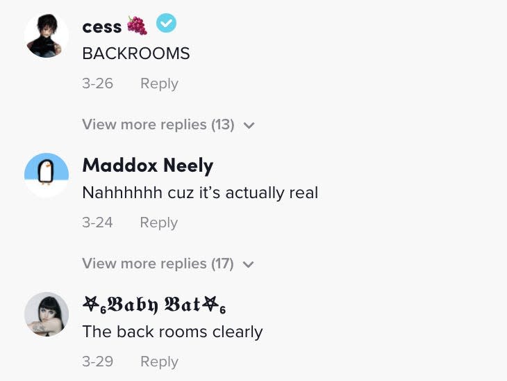 Screenshot of people commenting "backrooms" under the video