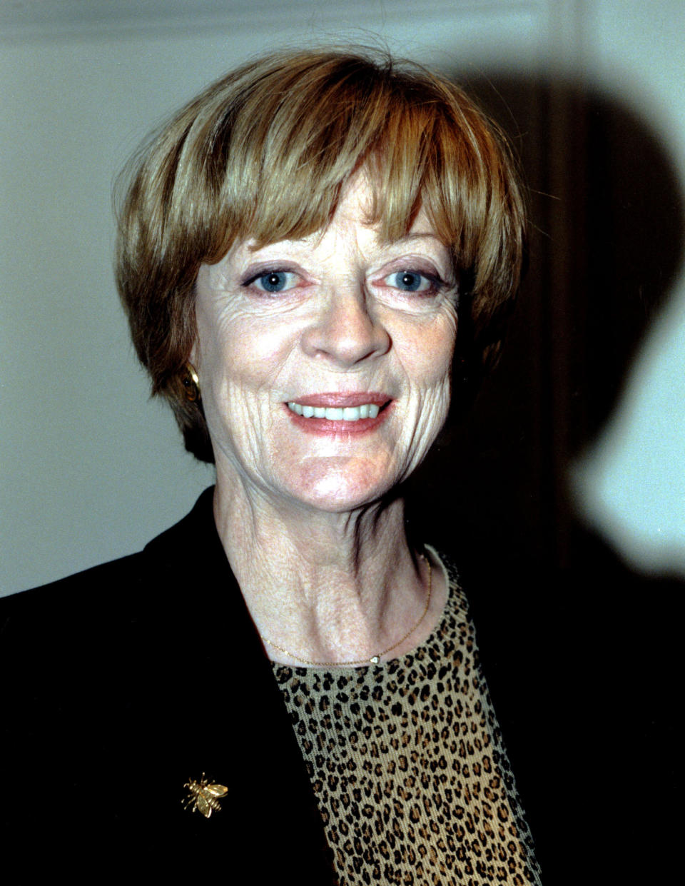 Maggie Smith with short hair and a friendly smile, wearing a leopard print blouse and a dark blazer with a bee pin