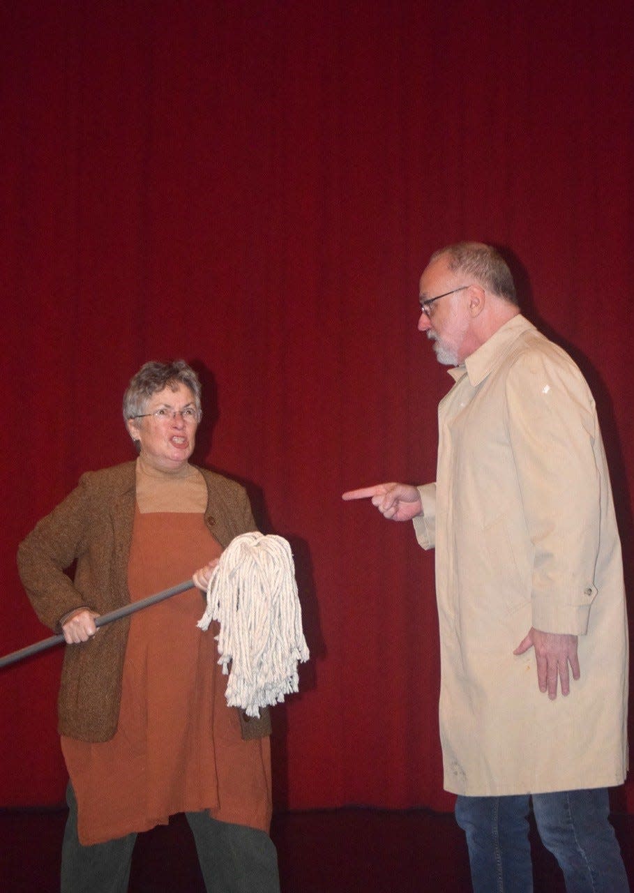 Becky Stapf and Bill Goveia rehearse a scene from "The Women of Lockerbie," which will be performed at the Brown County Playhouse beginning April 12, 2024.